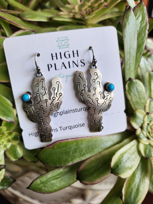 Heavy Guage Stamped Sterling Silver Catcus Earrings w/Kingman Turquoise accent