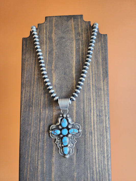 Natural Golden Hills Turquoise Cross Pendant with 10mm Handmade Navajo Saucer Pearls