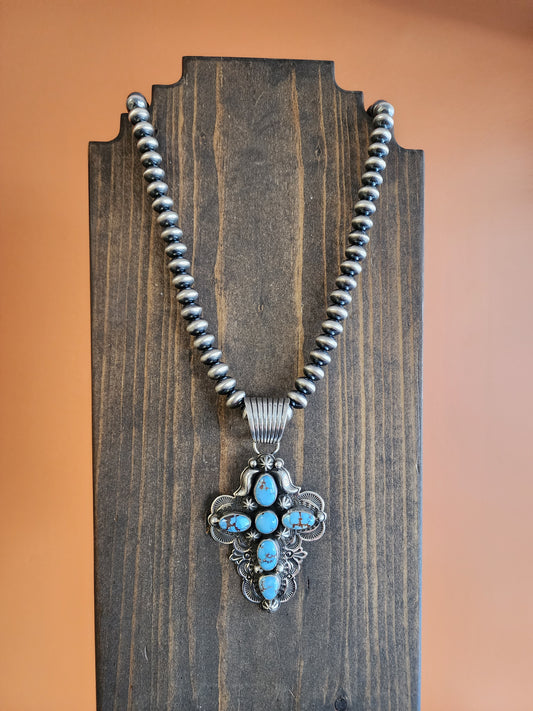 Natural Golden Hills Turquoise Cross Pendant with 10mm Handmade Navajo Saucer Pearls