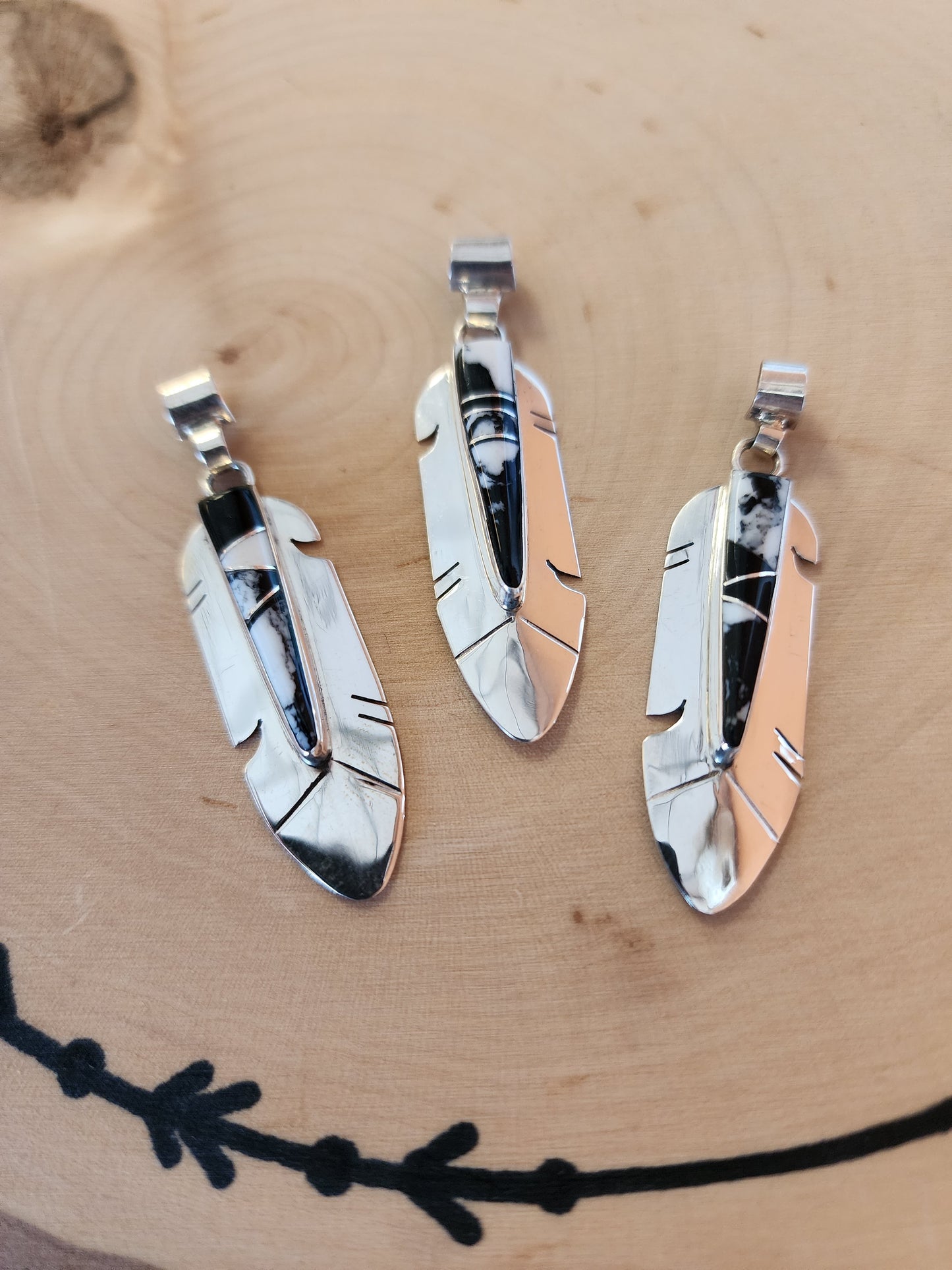 White Buffalo Inlay Feather Pendant Necklace - 18"