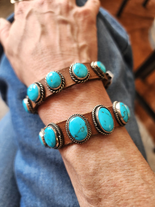 7-Stone Kingman Turquoise Leather Wrap Bracelet