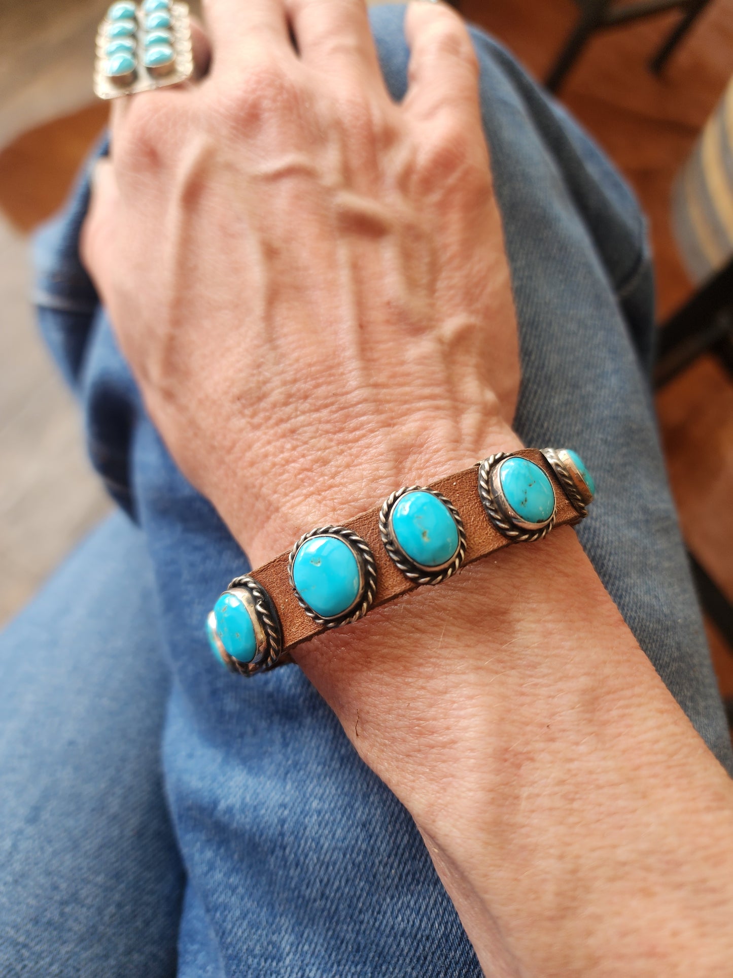 7-Stone Kingman Turquoise Leather Wrap Bracelet