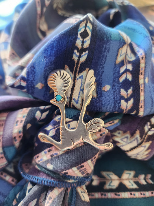 Francis Begay Sterling Silver Tall Roadrunner Pin w/Turquoise accent