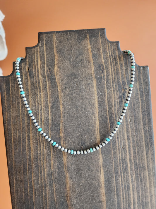 4mm Sterling Silver Beaded Necklace w/Turquoise accent - 16" w/2" extender