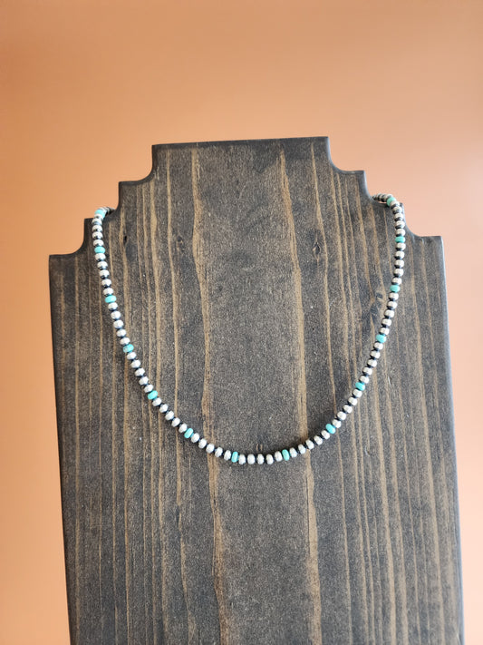 4mm Sterling Silver Beaded Necklace w/Turquoise accent - 16" w/2" extender