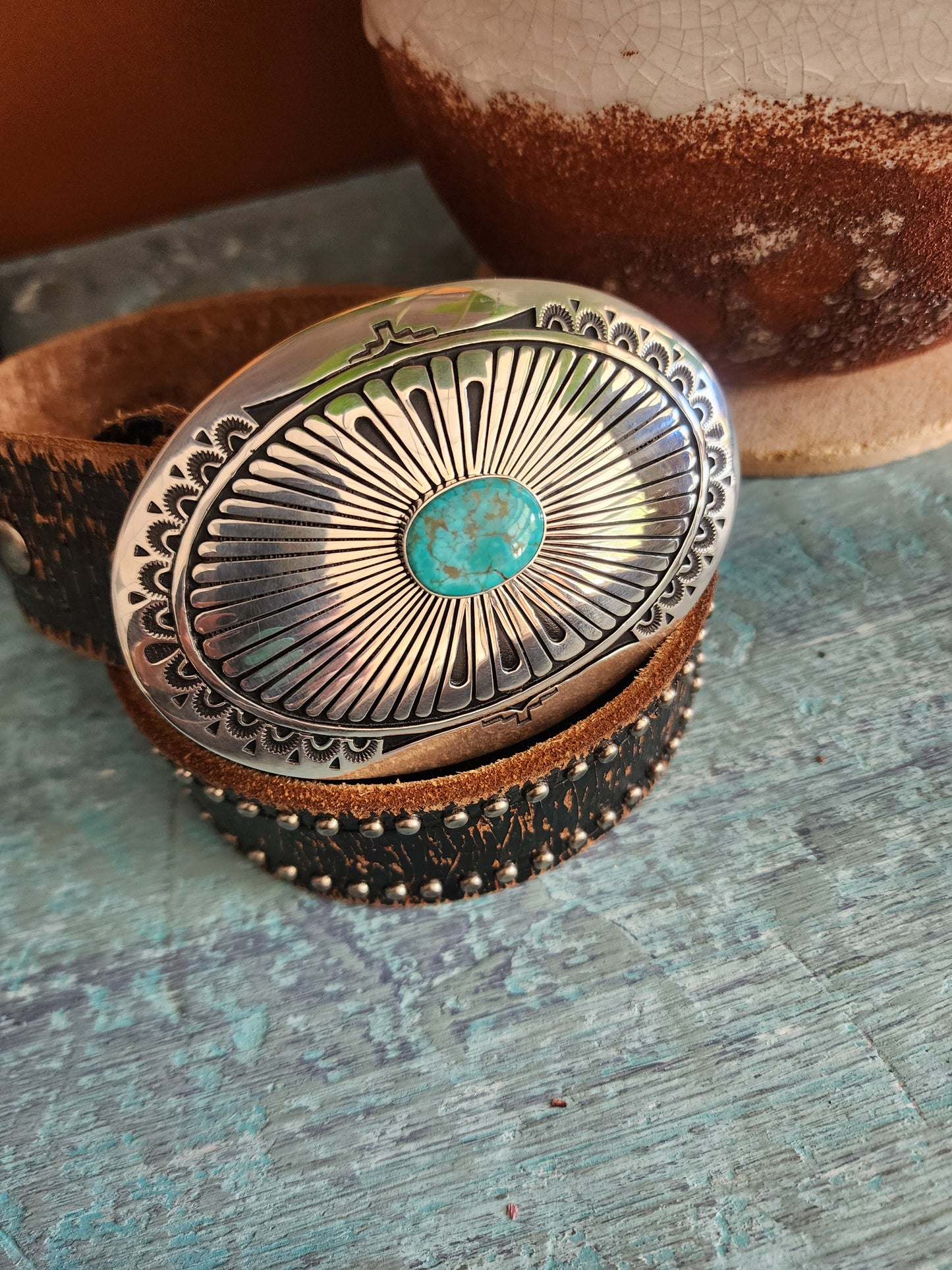 Hand Stamped Sterling Silver Belt Buckle w/Lone Mountain Turquoise accent