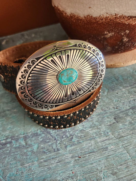 Hand Stamped Sterling Silver Belt Buckle w/Lone Mountain Turquoise accent