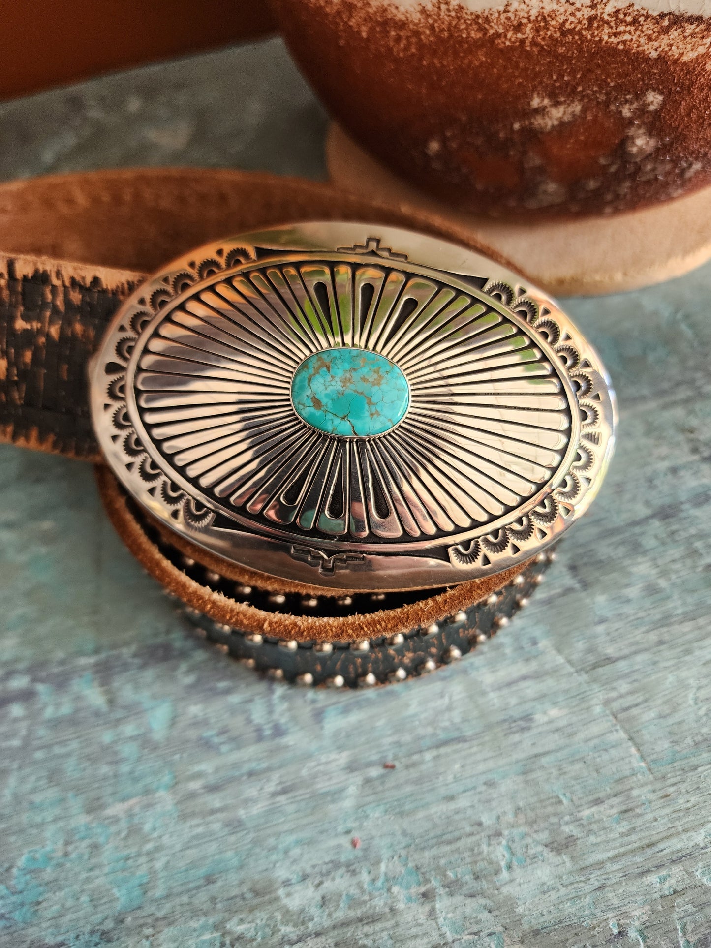 Hand Stamped Sterling Silver Belt Buckle w/Lone Mountain Turquoise accent