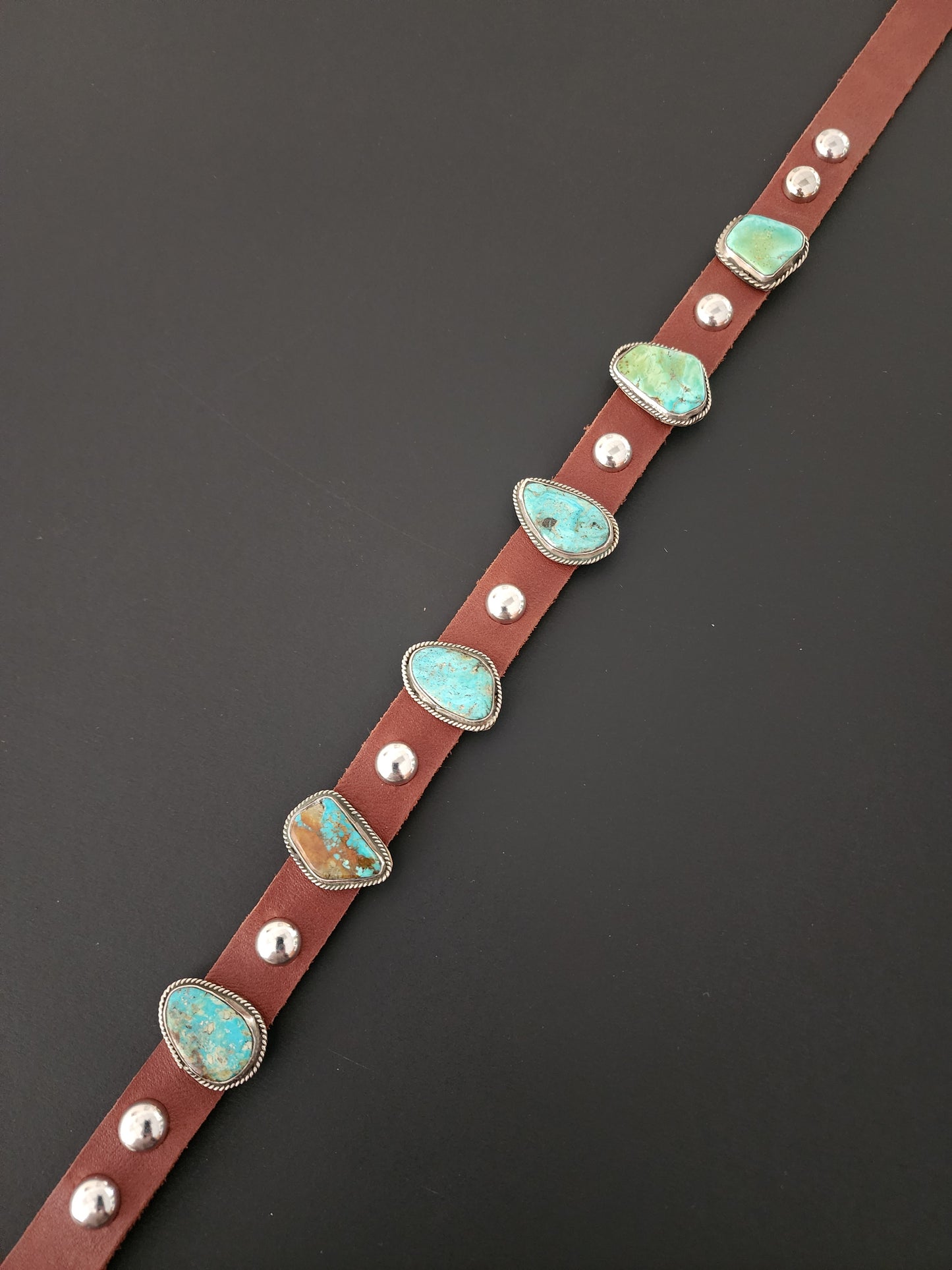 Navajo Albert Ramone 6-Stone Kingman Turquoise & Leather Dog Collar