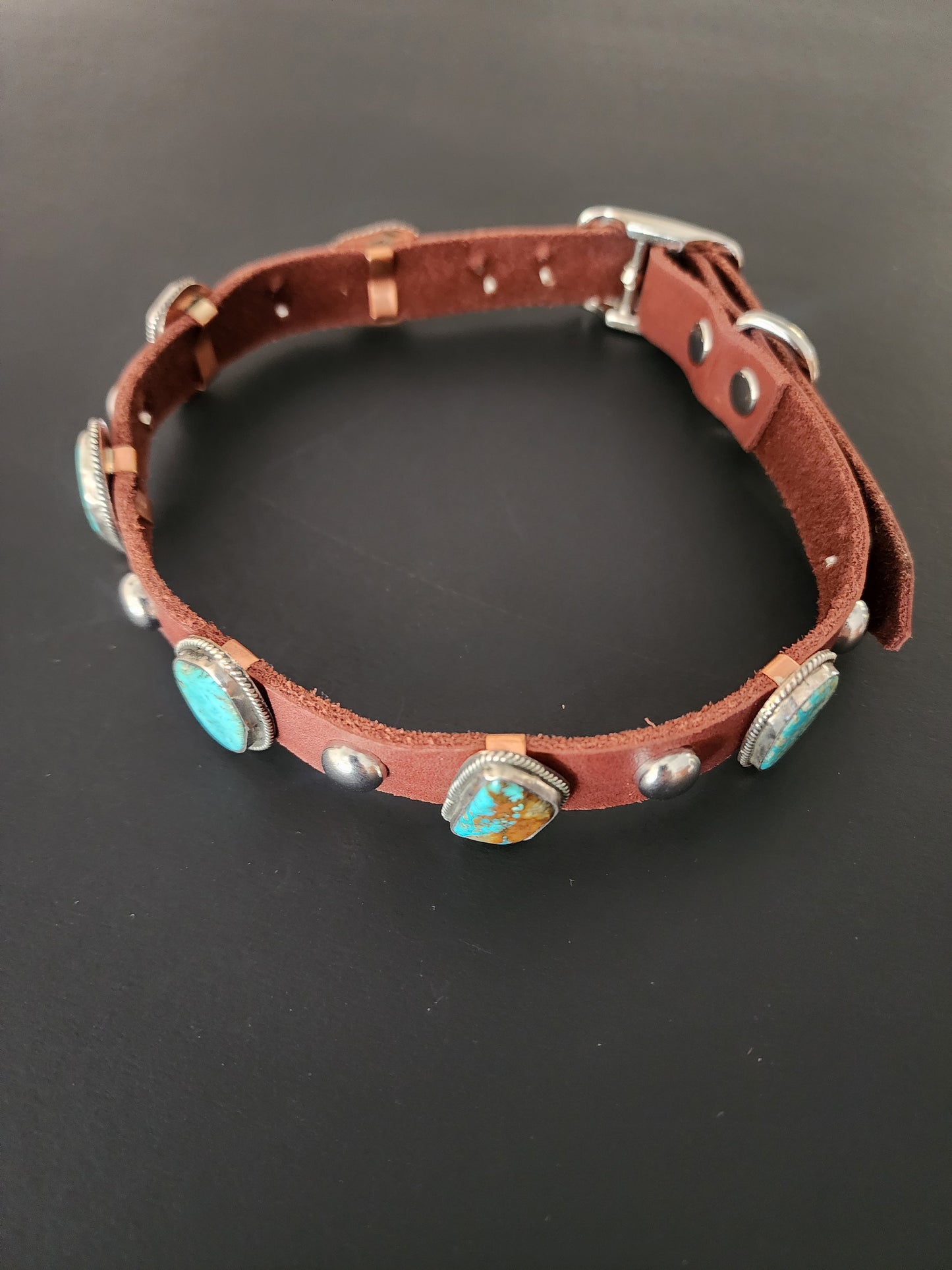 Navajo Albert Ramone 6-Stone Kingman Turquoise & Leather Dog Collar