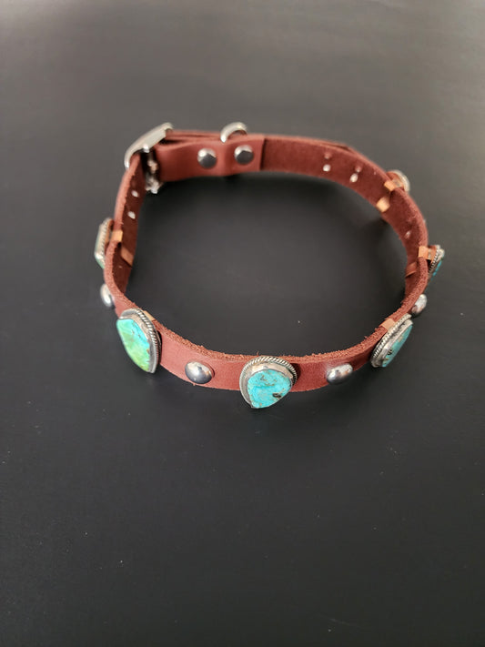 Navajo Albert Ramone 6-Stone Kingman Turquoise & Leather Dog Collar