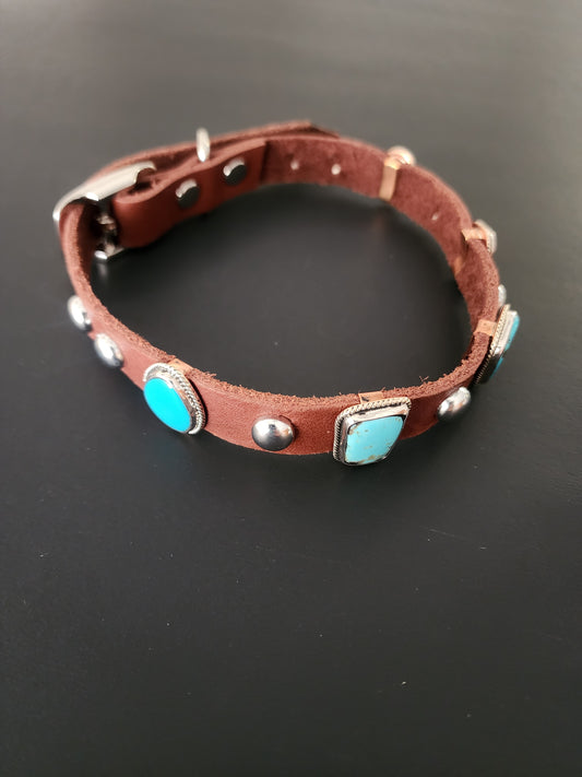 Navajo Bonnie Willie 5-Stone Kingman Turquoise & Leather Dog Collar