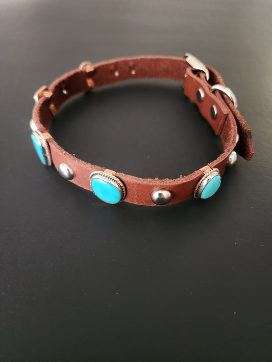 Navajo Bonnie Willie 5-Stone Kingman Turquoise & Leather Dog Collar