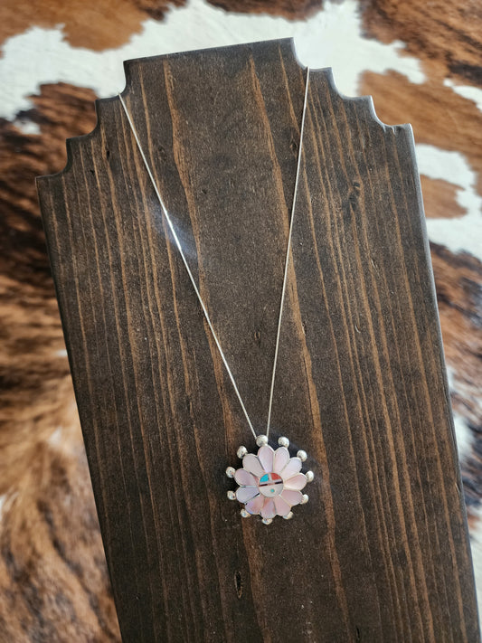 Zuni Pink Mother of Pearl Sunface Pin & Pendant w/18" Sterling Silver Chain