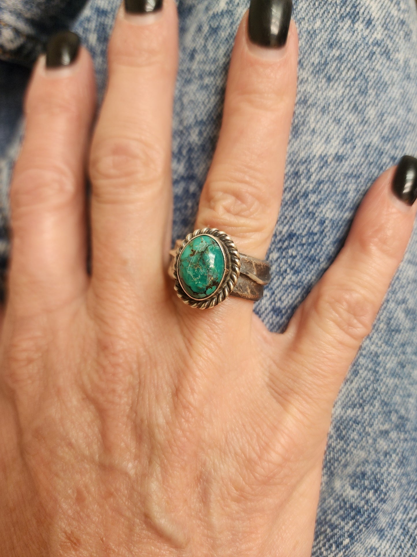 Kingman Turquoise Ring w/Tufa Cast Band