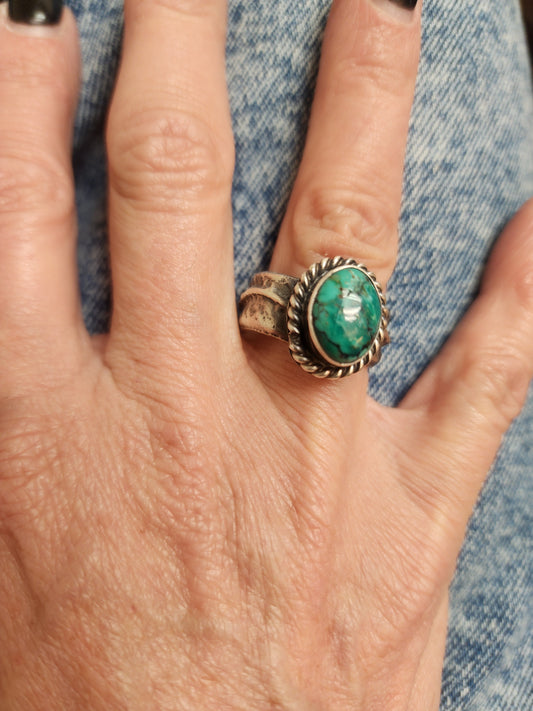 Kingman Turquoise Ring w/Tufa Cast Band