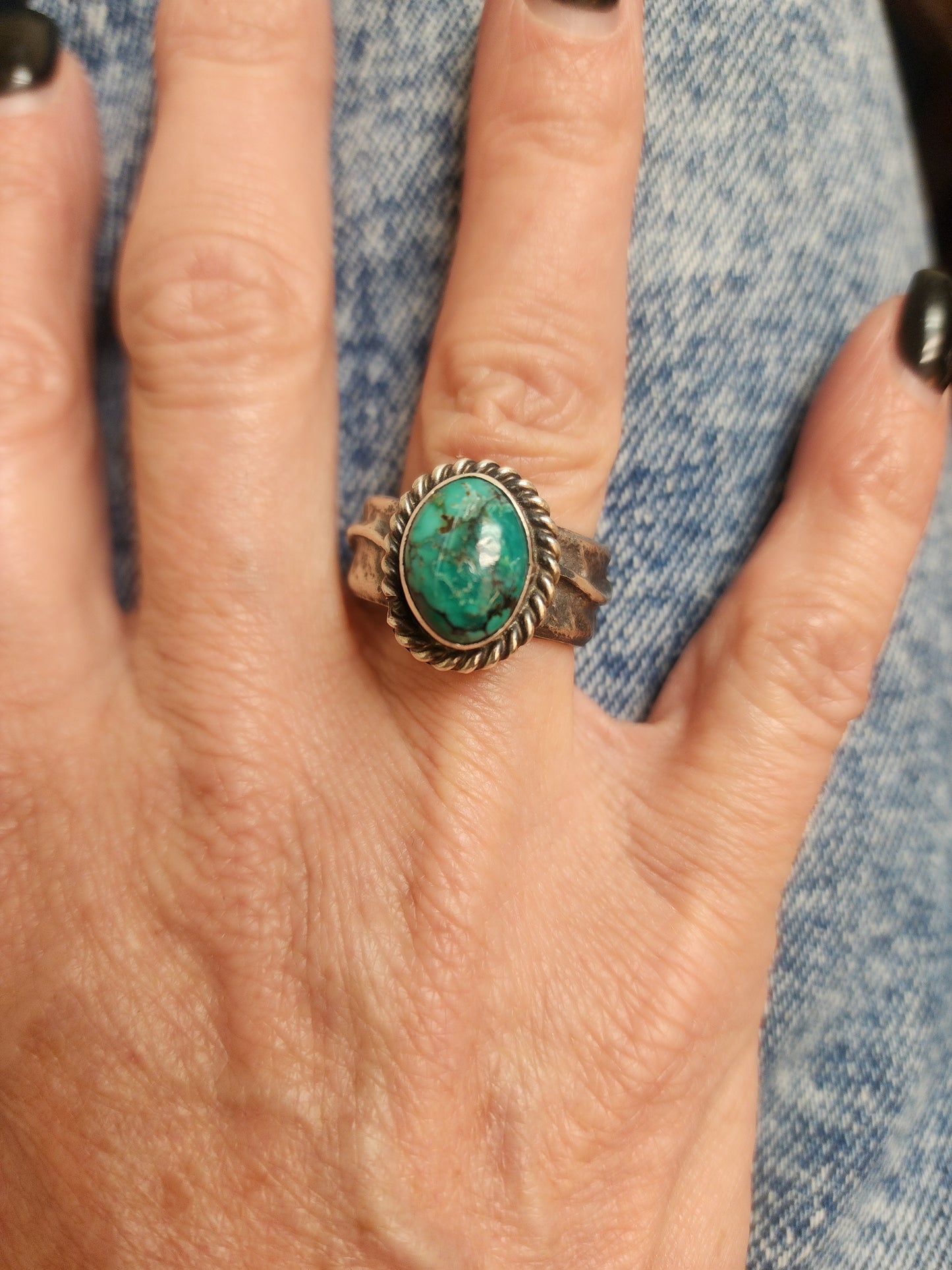 Kingman Turquoise Ring w/Tufa Cast Band