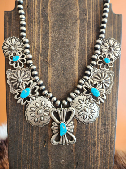 Multi Concho Stamped Sterling Silver & Blue Gem Turquoise Statement Necklace