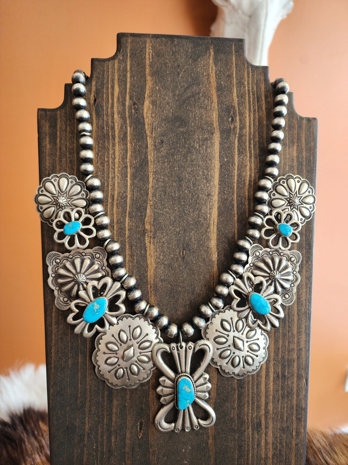 Multi Concho Stamped Sterling Silver & Blue Gem Turquoise Statement Necklace