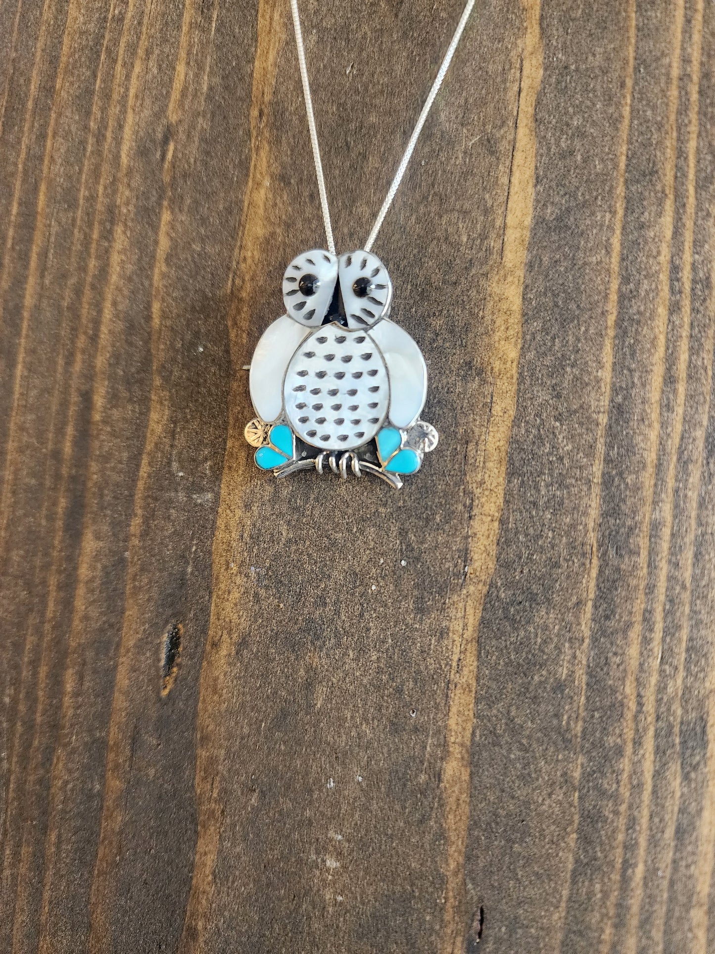 Zuni Mother of Pearl / Turquoise Owl Pendant / Pin - 18"