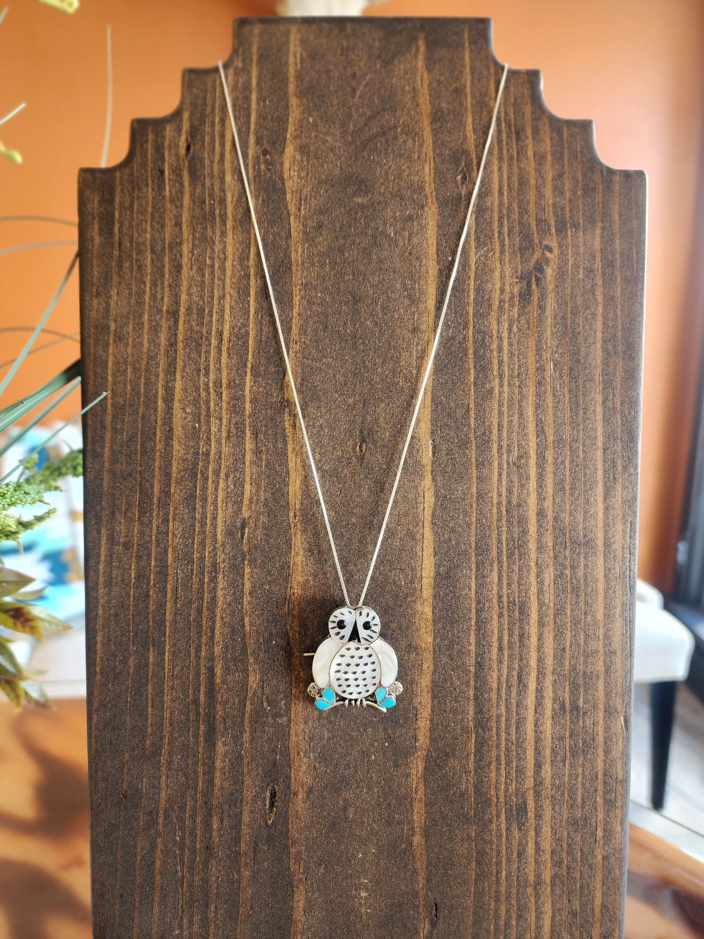 Zuni Mother of Pearl / Turquoise Owl Pendant / Pin - 18"