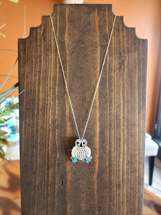 Zuni Mother of Pearl / Turquoise Owl Pendant / Pin - 18"