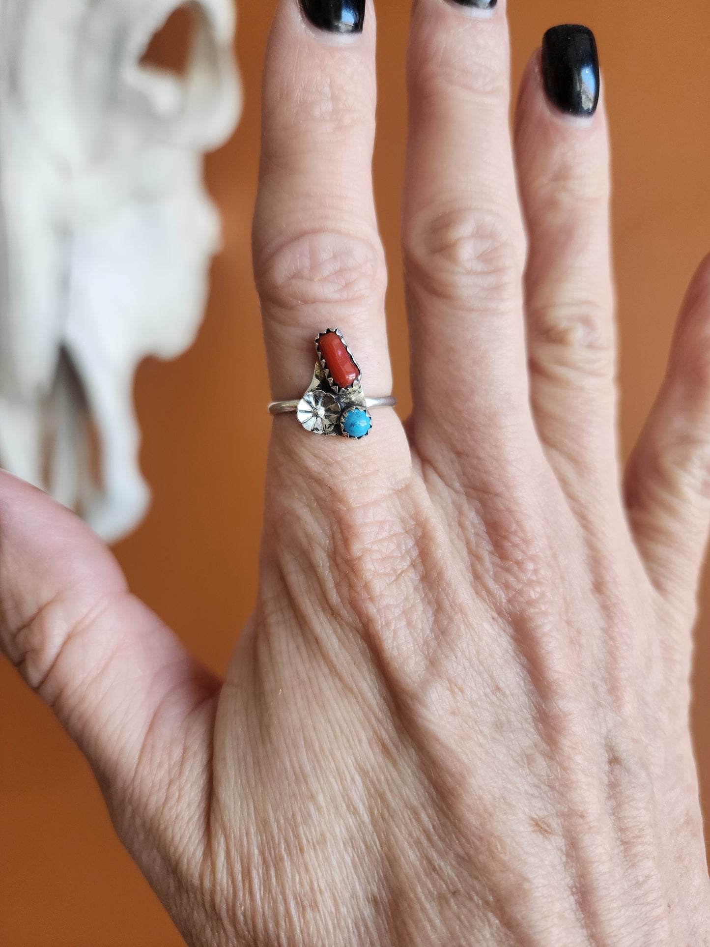 Coral & Turquoise Ring w/Flower accent