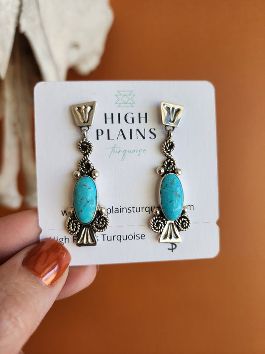 Kingman Turquoise Earrings w/Sterling Silver Scroll accent