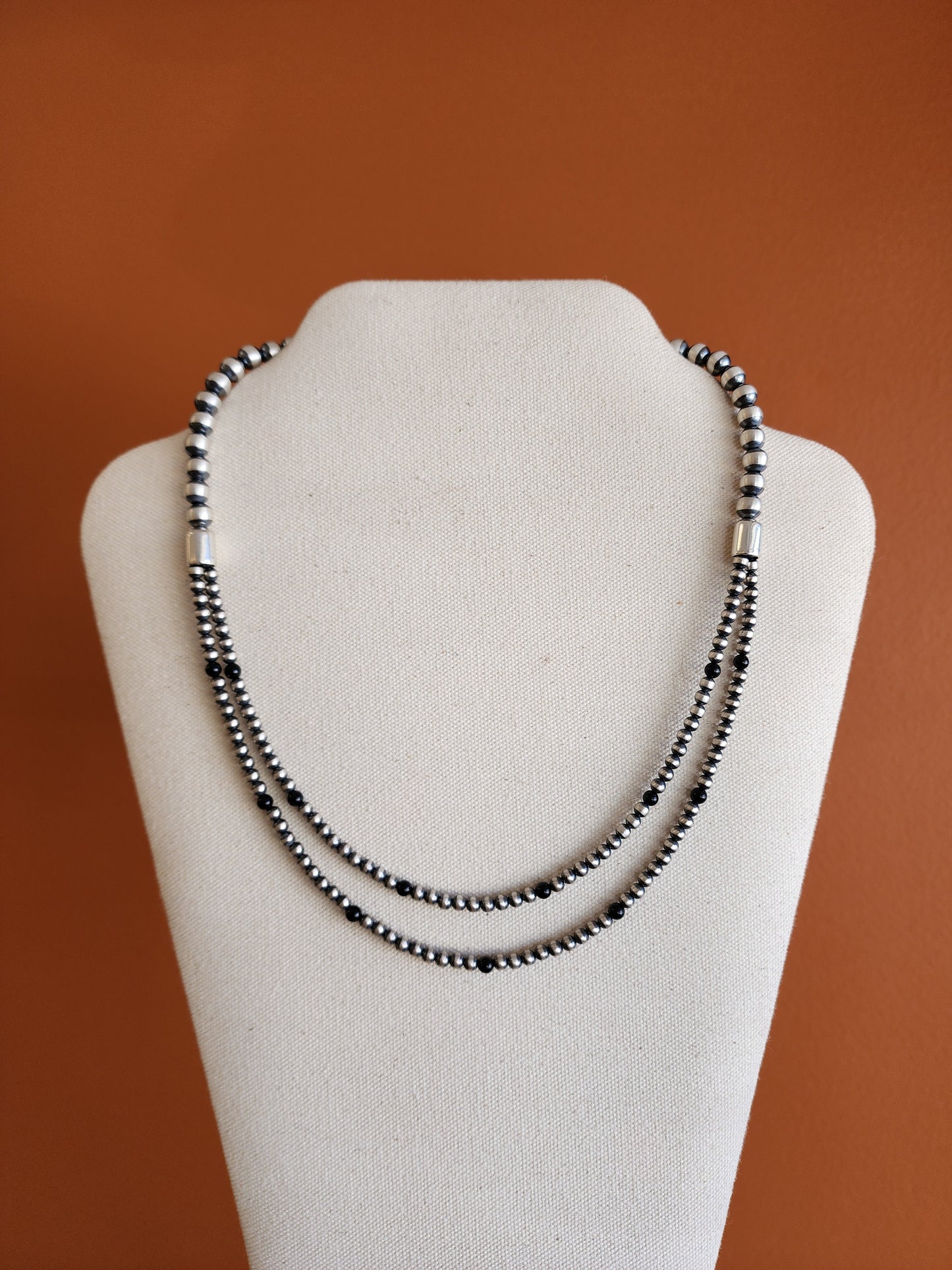 Multi-Bead Sterling Silver & Black Onyx Double Strand Necklace