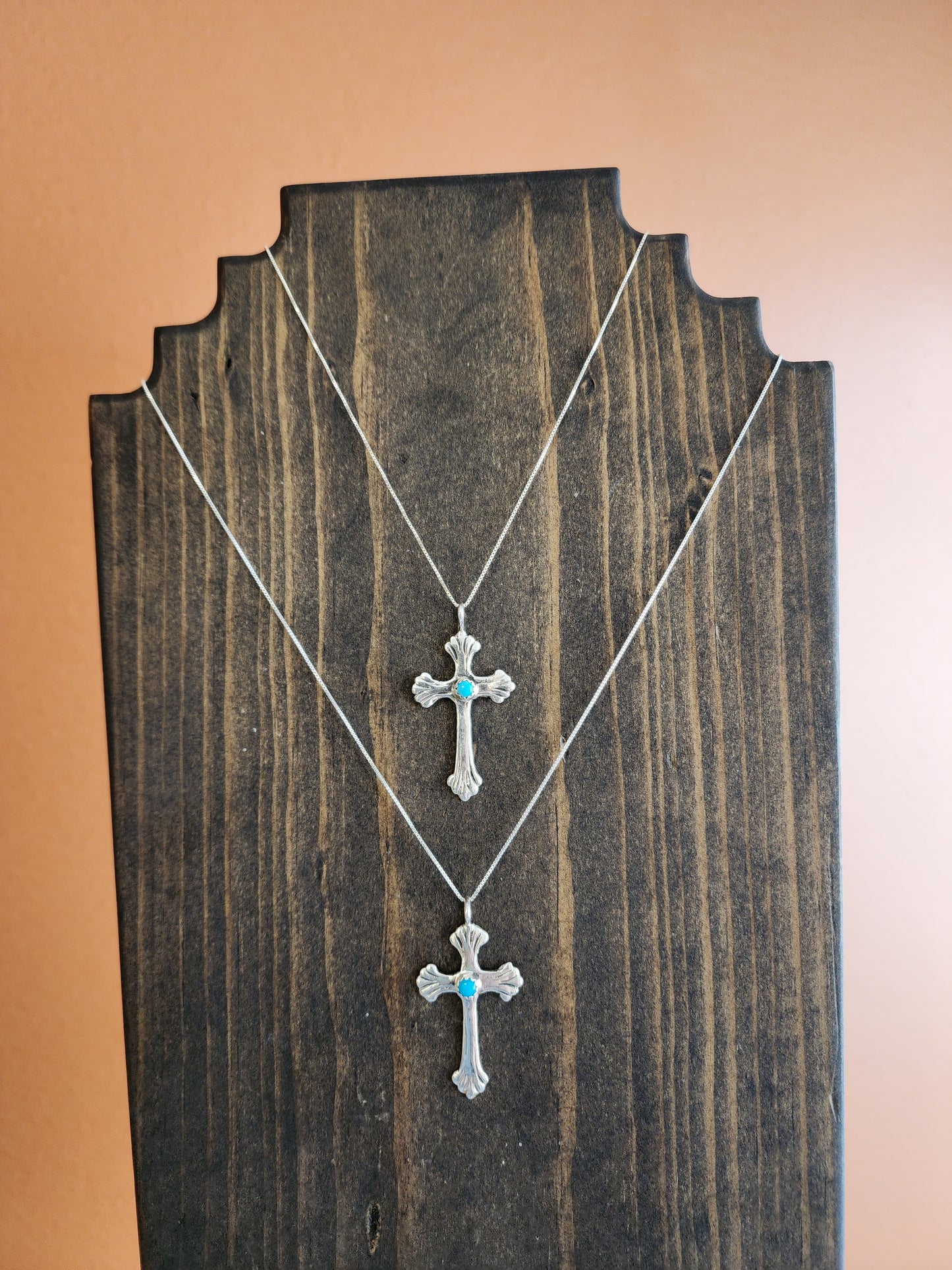 Scalloped Sterling Silver Cross Pendant Necklace w/Kingman Turquoise accent - 18"