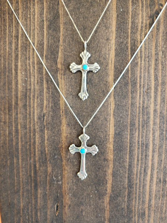 Scalloped Sterling Silver Cross Pendant Necklace w/Kingman Turquoise accent - 18"