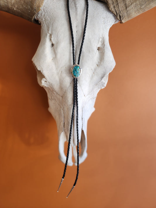 Oval Webbed Kingman Turquoise Bolo Tie