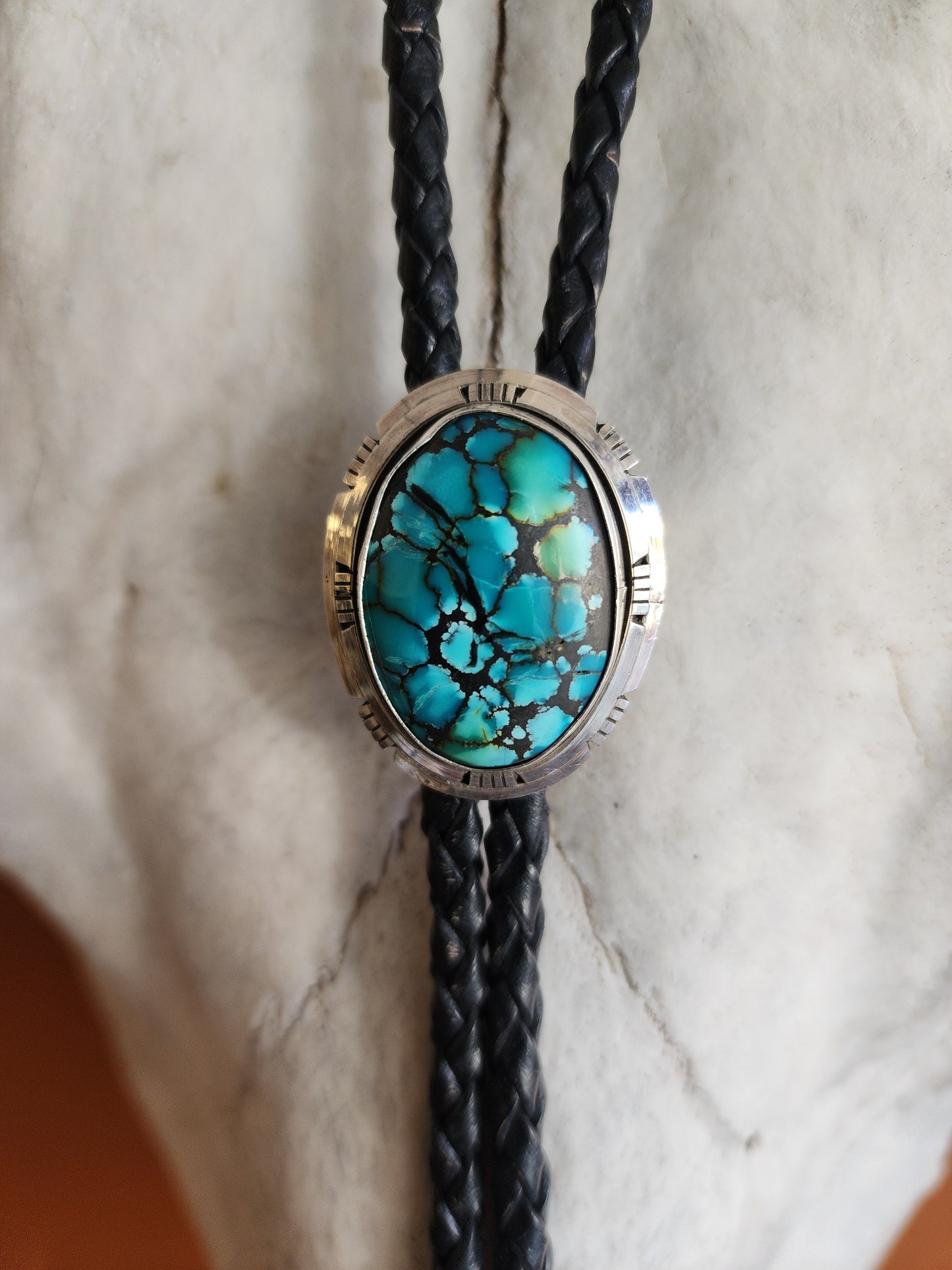 Oval Webbed Kingman Turquoise Bolo Tie