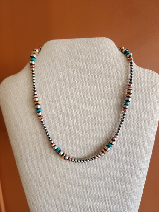 4-8mm Sterling Silver Beaded Necklace w/Spiny & Turquoise accents - 16" w/2" extender