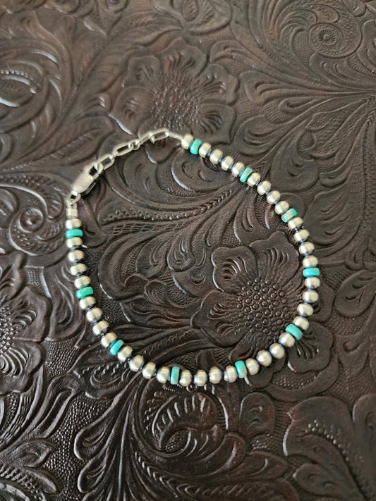 4mm Sterling Silver & Tyrone Turquoise Beaded Bracelet