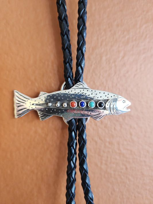 Lee Charley Sterling Silver Trout Bolo Tie w/Multi-Stone accent