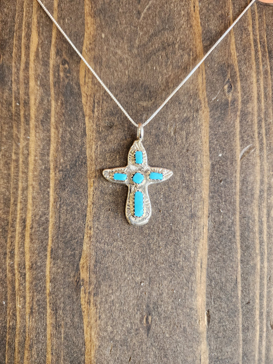 Zuni Sterling Silver & Turquoise Cross Pendant - 18"