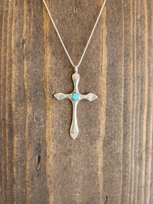 Lorraine Chee Sterling Silver Scalloped Cross w/Turquoise accent