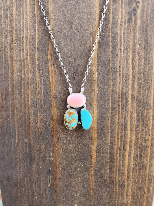 3-Stone Pink Conch & Turquoise Necklace - 18"