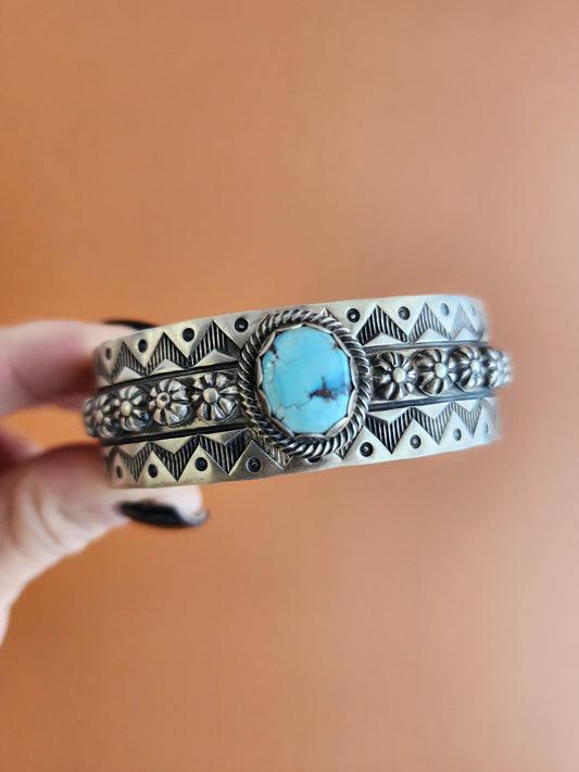 Navajo Golden Hills Turquoise Stamp Cuff Bracelet