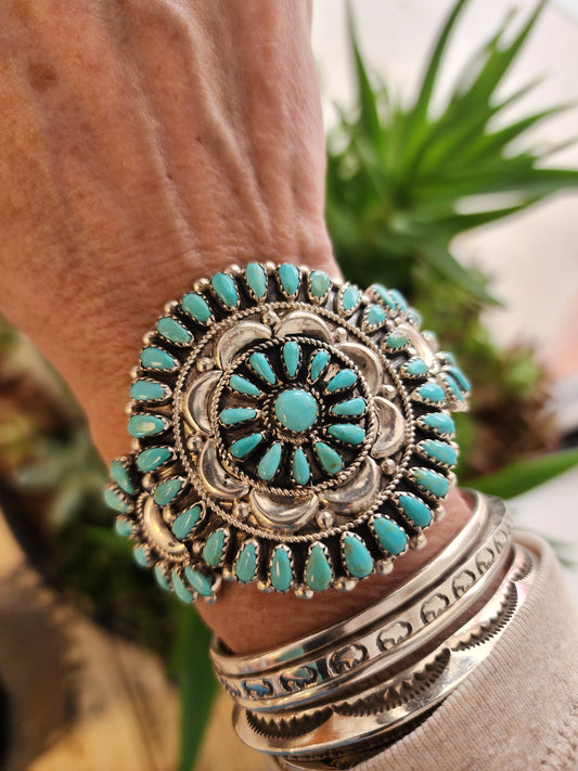 Kingman Turquoise Navajo Cluster Cuff Bracelet