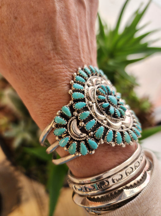 Kingman Turquoise Navajo Cluster Cuff Bracelet