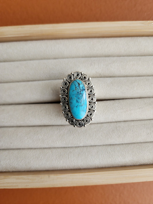 Kingman Spiderweb Turquoise Ring w/Sterling Silver Swirl Band