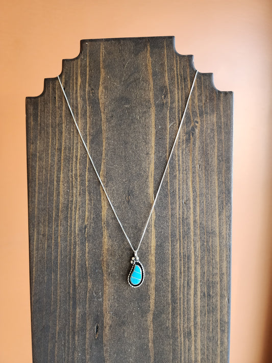 Zuni Turquoise Inlaid Sterling Silver Pendant Necklace - 18"