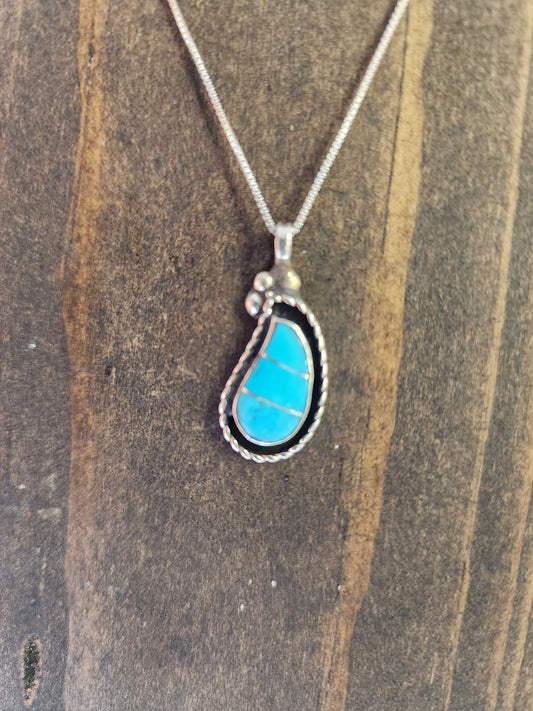 Zuni Turquoise Inlaid Sterling Silver Pendant Necklace - 18"