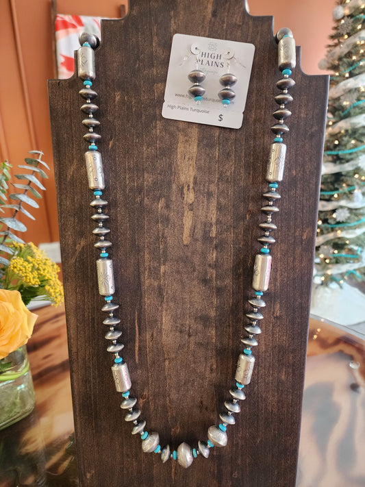 Navajo Handmade 35" Pillow Bead Necklace w/Turquoise & Matching Earrings