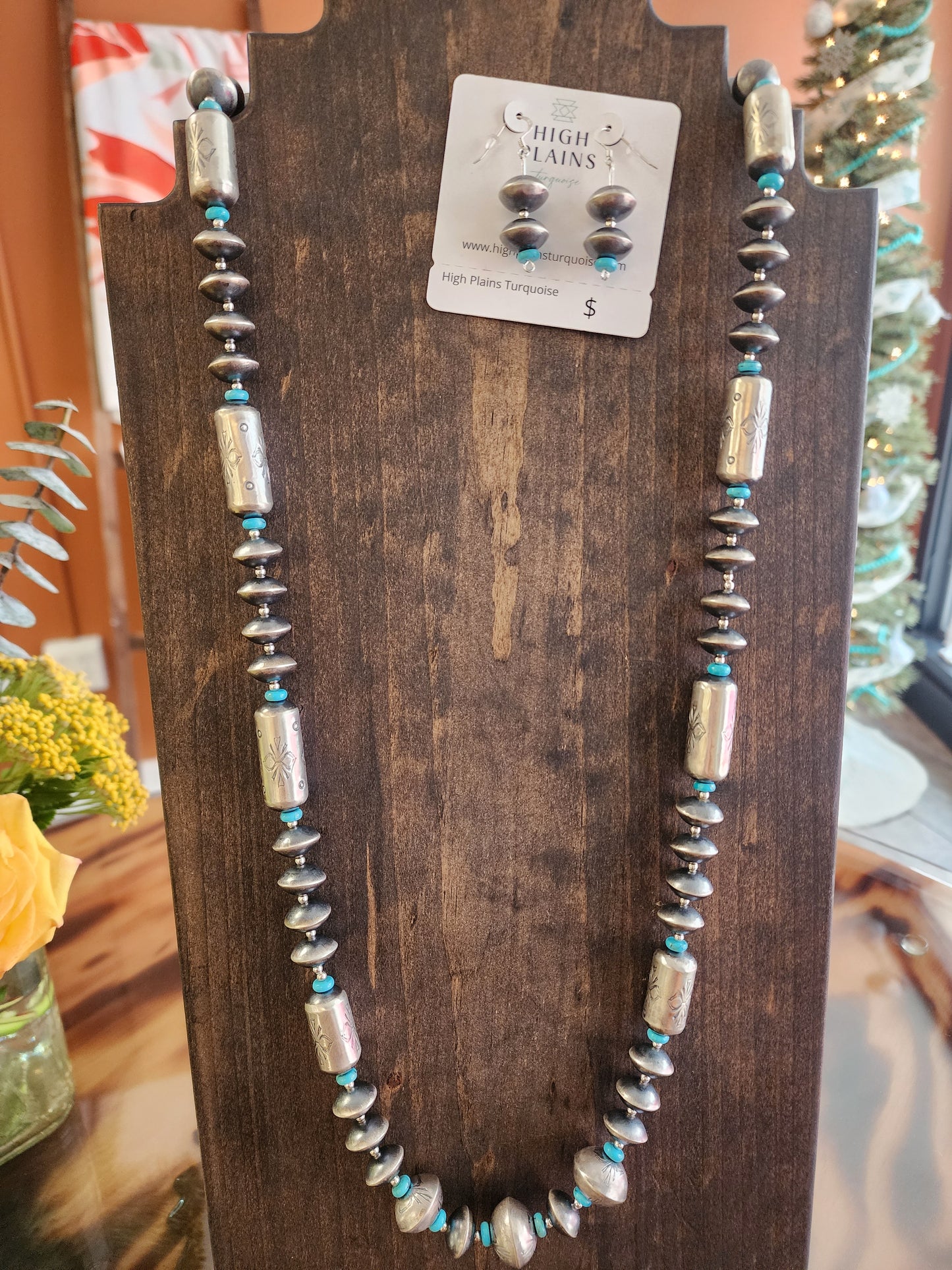 Navajo Handmade 35" Pillow Bead Necklace w/Turquoise & Matching Earrings