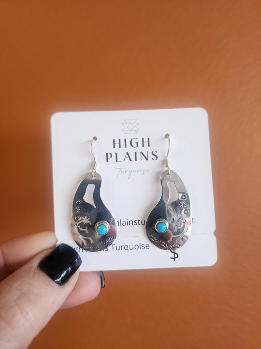 Navajo Sterling Silver Cutout Kokopelli Earrings with Kingman Turquoise accent