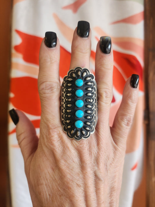 Tahe Sterling Silver & Sleeping Beauty Turquoise Repousse Statement Ring