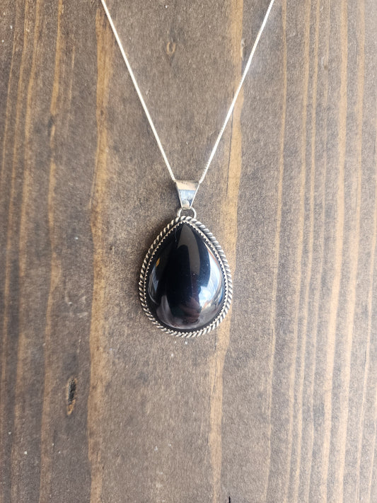 Black Onyx Teardrop Pendant Necklace - 18"